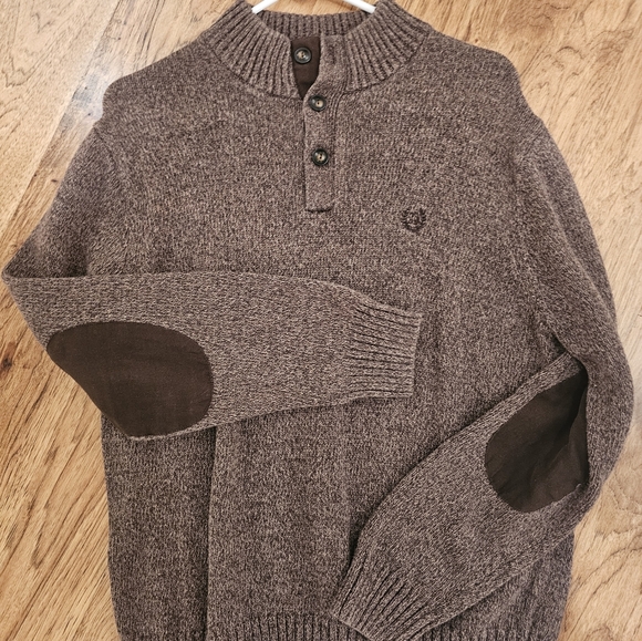 Chaps Other - Chaps Large Brown Button Up Neck Long Sleeve Sweater with Elbow Patch Men